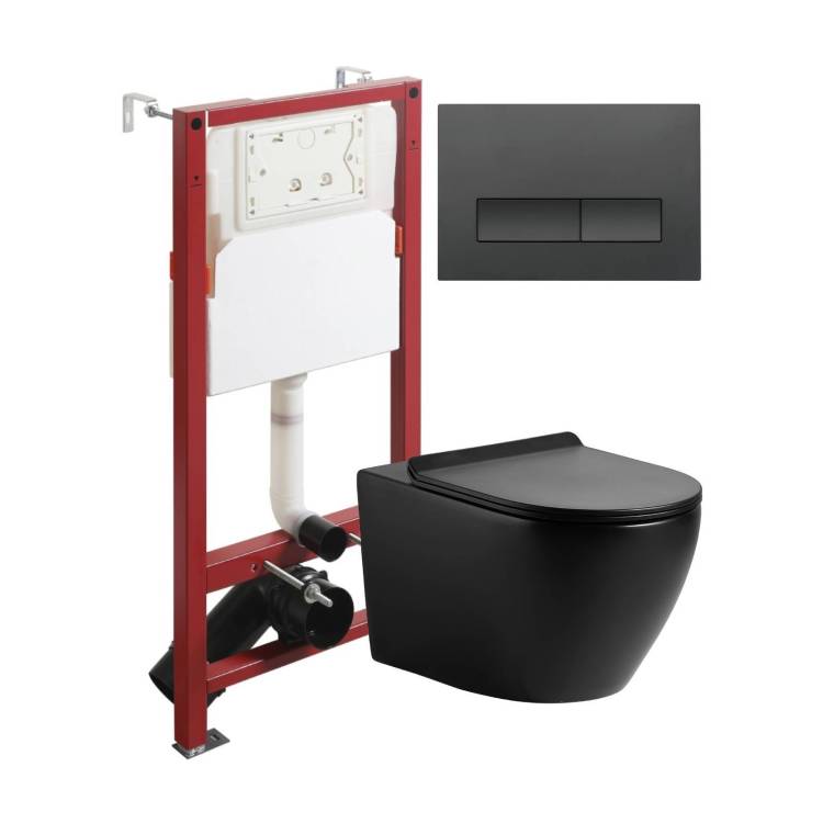 Унитаз с инсталляцией Agger ATI03144+APB244 безободковый, с крышкой-сиденьем микролифт, с кнопкой, кнопка черная