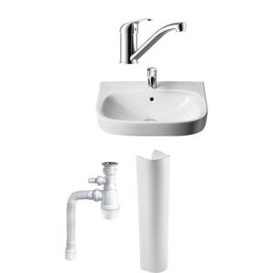 Комплект Раковина Roca Debba 55x44 + Пьедестал Roca Debba 33799000Y + Смеситель Rossinka Y Y35-22 + Сифон Wirquin Минор с отводом для стиральной машины