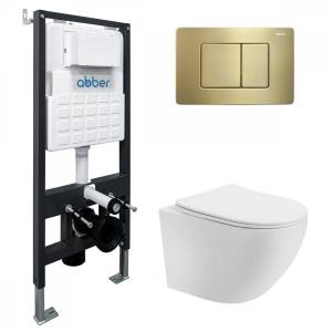 Комплект Abber Bequem AC1100T-AC0105-AC0120MMG унитаз подвесной, безободковый, сиденье микролифт, белый, кнопка золото матовое