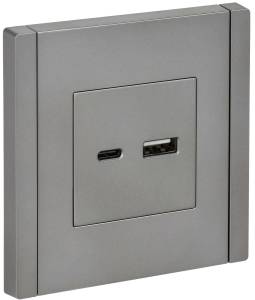 Розетка USB type A+C IEK Forte&Piano FP-U22-018-K46 сталь