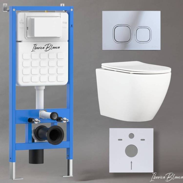 Унитаз с инсталляцией Iberica Blanca Bilbao Alto IB001.BLA.231.833 безободковый, с крышкой-сиденьем микролифт, с кнопкой глянцевый хром