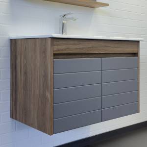 Тумба с раковиной Comforty Кемер-75 00-00017883 подвесная, антрацит/дуб темно-коричневый