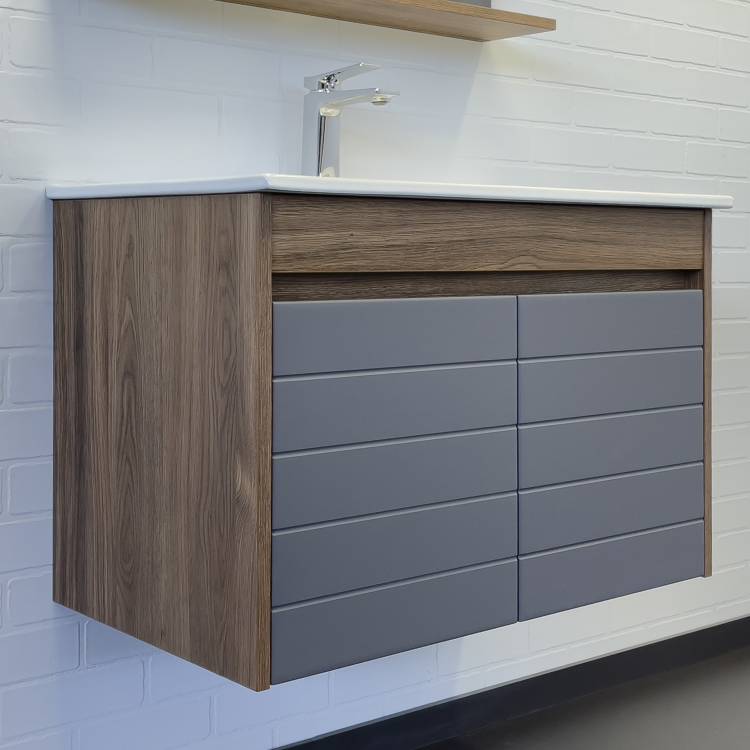 Тумба с раковиной Comforty Кемер-75 00-00017883 подвесная, антрацит/дуб темно-коричневый