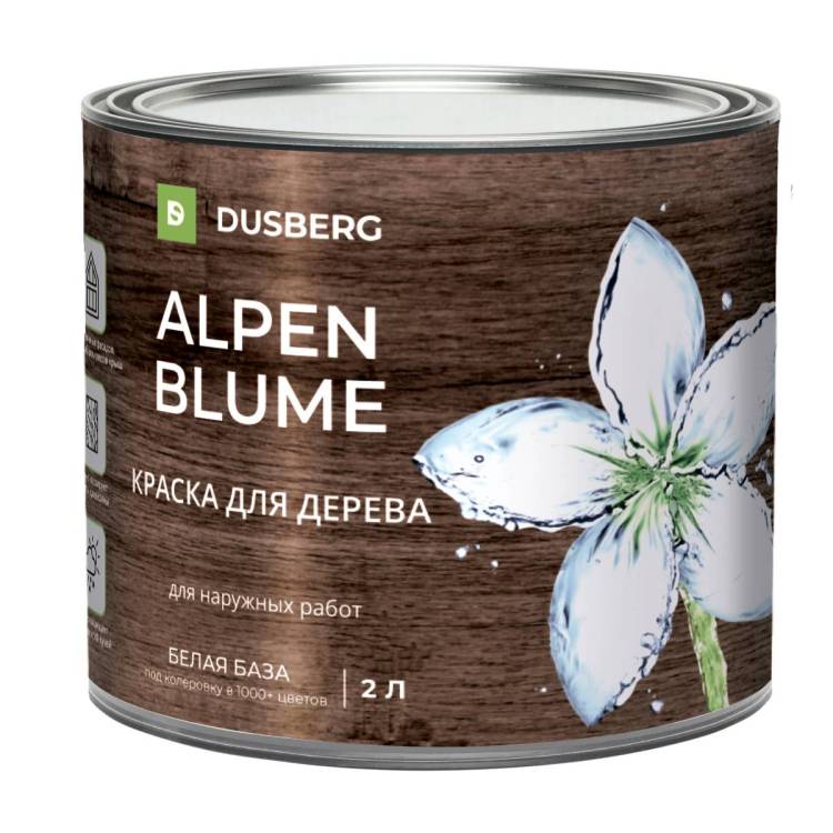 Краска укрывная эластичная для дерева Dusberg Alpenblume 6111 белая база А 2 л