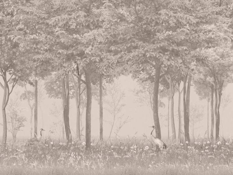 3D Фотообои Artegrafico «Журавли в густом лесу на бежевом» VG-025 акварель