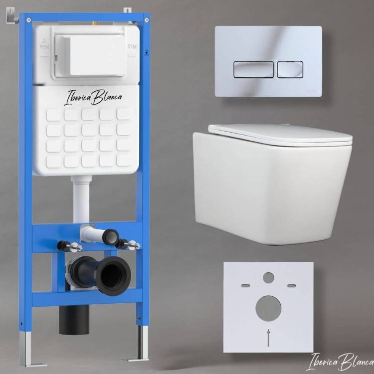 Унитаз с инсталляцией Iberica Blanca Toledo Alto IB001.TLA.231.213 безободковый, с крышкой-сиденьем микролифт, с кнопкой глянцевый хром