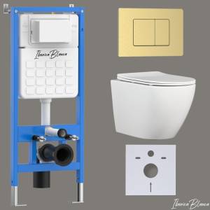 Унитаз с инсталляцией Iberica Blanca Bilbao Alto IB001.BLA.234.1150 безободковый, с крышкой-сиденьем микролифт, с кнопкой матовое золото