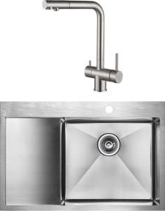 Комплект Paulmark Atlan PM217851-BSR R, брашированная нерж. сталь + Смеситель Paulmark Skalen Sk213020-SS для кухонной мойки
