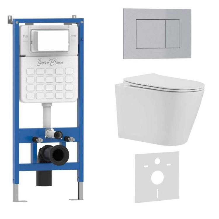 Комплект Iberica Blanca Burgos Alto IB001.BRA.234.853 унитаз безободковый, белый, сиденье микролифт, клавиша смыва хром матовый
