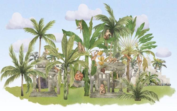 3D Фотообои Artegrafico «Город обезьян в тропиках на голубом» NKID-024 канвас