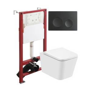 Унитаз с инсталляцией Agger ATI08100+APB144 безободковый, с крышкой-сиденьем микролифт, с кнопкой, кнопка черная