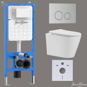 Унитаз с инсталляцией Iberica Blanca Burgos Alto IB001.BRA.234.8132 безободковый, с крышкой-сиденьем микролифт, с кнопкой матовый хром