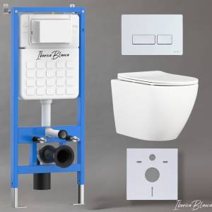 Унитаз с инсталляцией Iberica Blanca Bilbao Alto IB001.BLA.231.211 безободковый, с крышкой-сиденьем микролифт, с белой глянцевой кнопкой