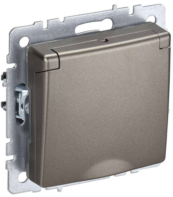 Розетка 1-местная с заземлением, шторками и крышкой IEK Brite BR-R16-16-44-K37 шампань