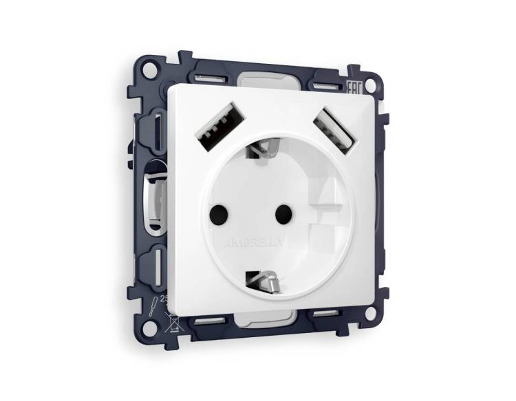 Комплект механизма электрической розетки 2USB A+A 18W (быстрая зарядка) с заземлением Ambrella Volt Alfa MA109010