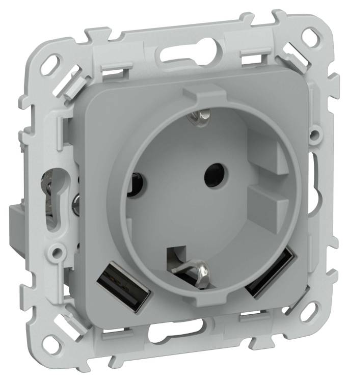 Розетка 1-местная с заземлением, шторками и USB Type A+A IEK Flite FI-R14-16-1-U21-D31-K03 серый