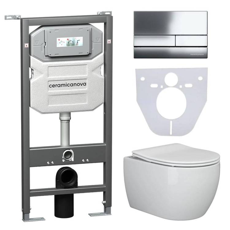 Комплект Унитаз подвесной Ceramica Nova Play CN3001 + Система инсталляции Envision CN1002CH с кнопкой смыва хром и шумоизоляционной панелью CN1000