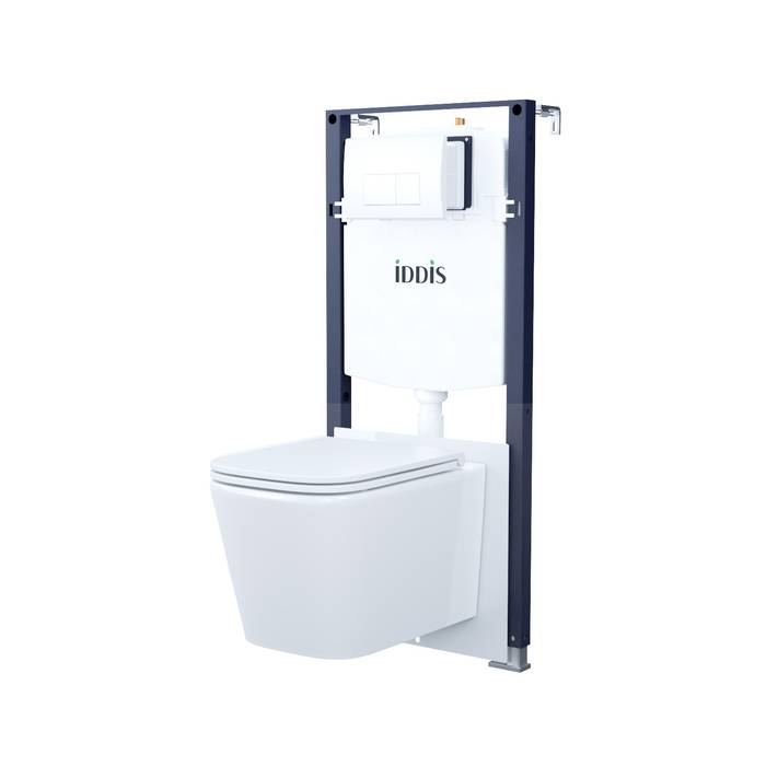 Унитаз с инсталляцией Iddis Basic BASBI03i73 безободковый, с крышкой-сиденьем микролифт, с кнопкой, белый глянцевый, кнопка белая