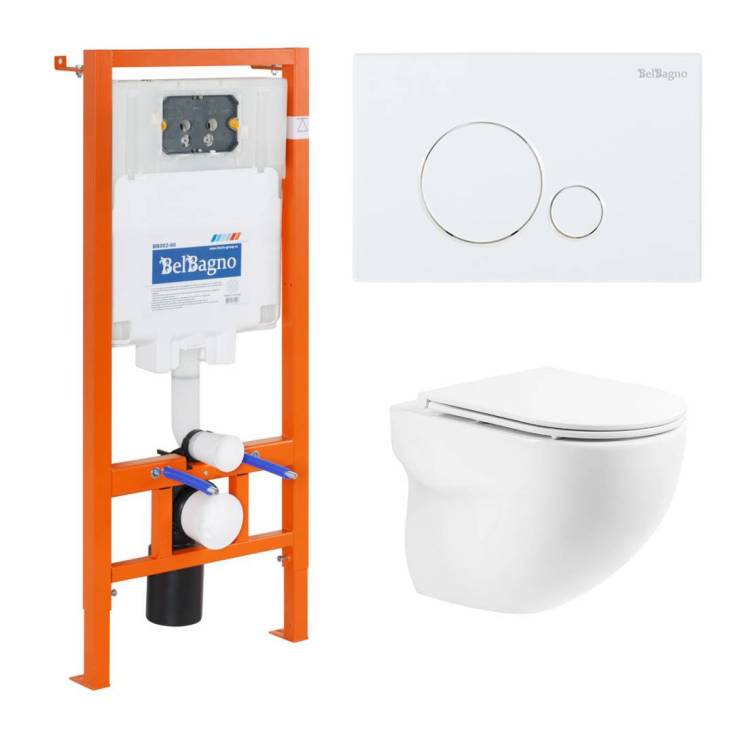 Комплект BelBagno Onda BB066CHR/BB870SC/BB002-80/BB014-SR-BIANCO безободковый, сиденье микролфит, клавиша белая