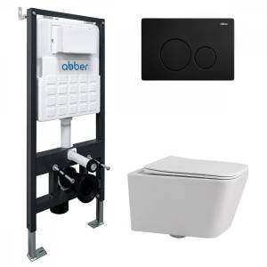 Комплект Abber Rechteck AC1201-AC0105-AC0121MB унитаз подвесной, безободковый, сиденье микролифт, белый, кнопка черная