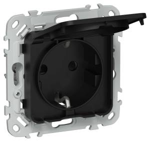 Розетка 1-местная с заземлением, шторками и крышкой IEK Flite FI-R16-16-44-K02 черный