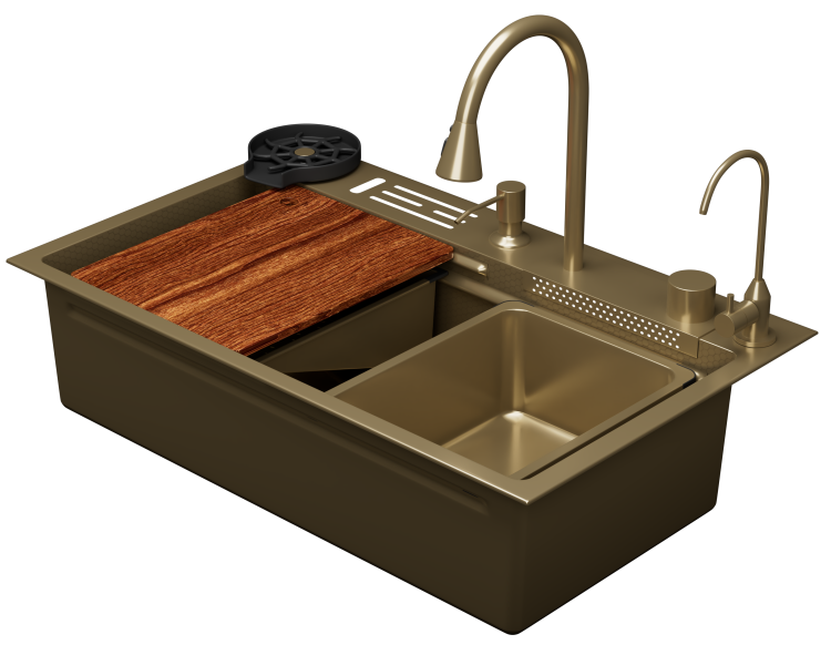 Мойка кухонная D&K DKS754607 матовое золото, 75x22, со смесителем и аксессуарами