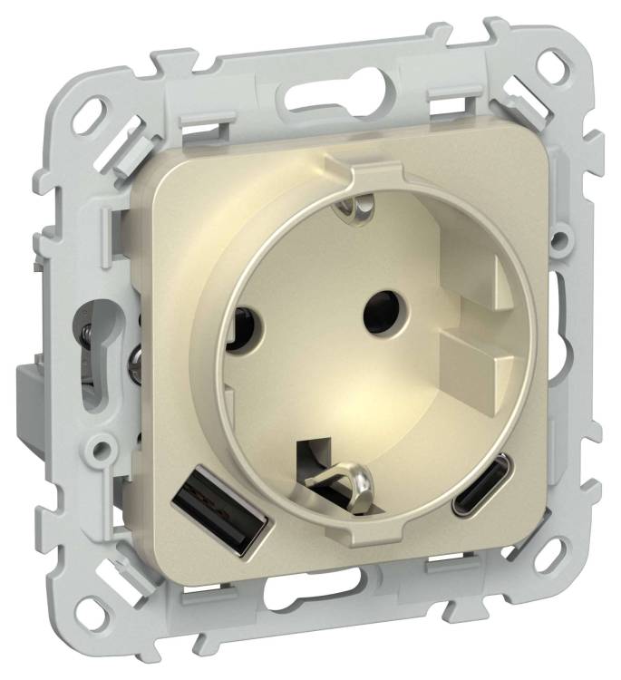 Розетка 1-местная с заземлением, шторками и USB Type A+С IEK Flite FI-R14-16-U22-020-K37 шампань