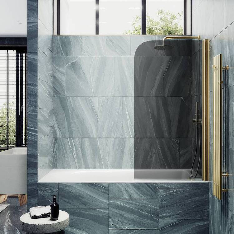 Шторка на ванну MaybahGlass MGV-603-3 поворотная, на монопетле, стекло графит, профиль золото, 1400x400
