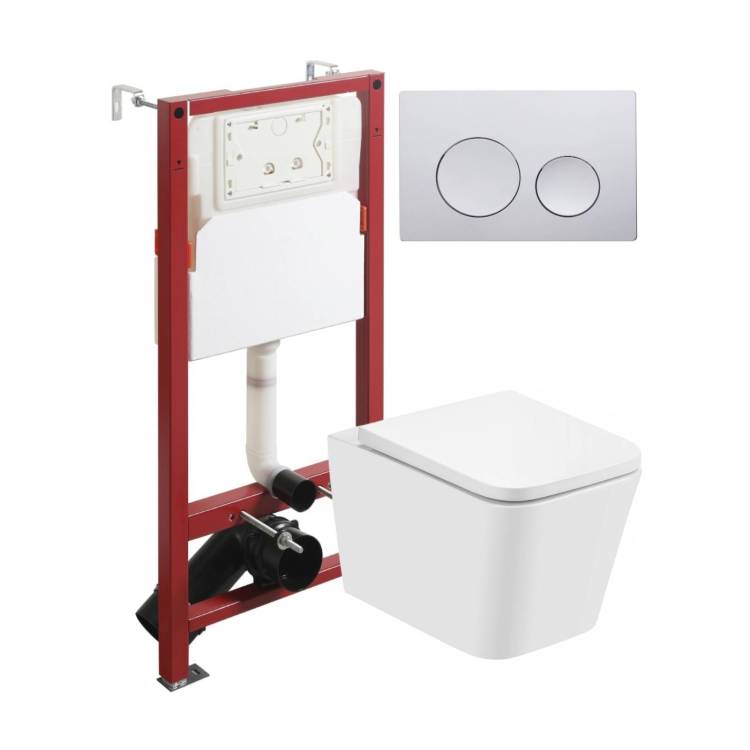 Унитаз с инсталляцией Agger ATI08100+APB100 безободковый, с крышкой-сиденьем микролифт, с кнопкой, кнопка хром