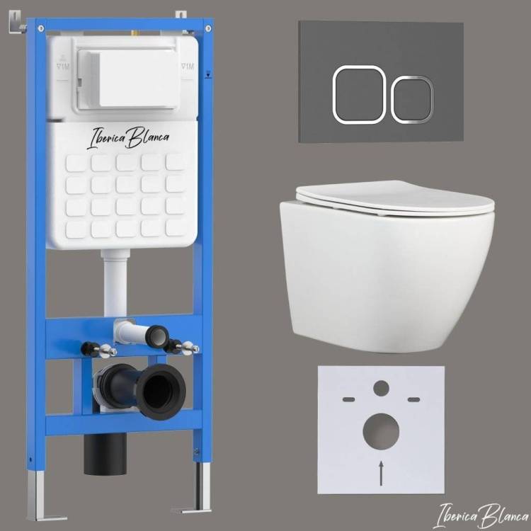 Унитаз с инсталляцией Iberica Blanca Bilbao Alto IB001.BLA.234.837 безободковый, с крышкой-сиденьем микролифт, с серой матовой кнопкой