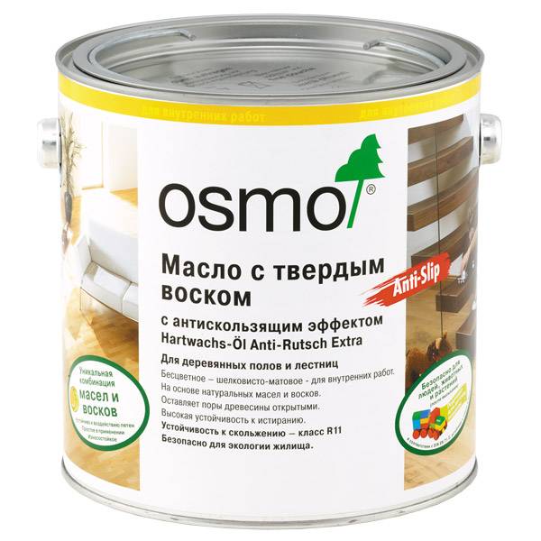 Масло с твердым воском с антискользящим эффектом Osmo Hartwachs-Öl Anti-Rutsch 3089 бесцветное шелковисто-матовое R11 2.5 л