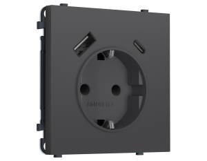 Комплект механизма электрической розетки 2USB A+C 20W с заземлением со шторками Ambrella Volt Sigma MS910010 графит мягкое касание