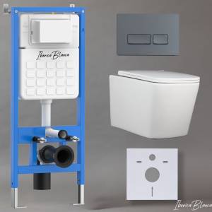 Унитаз с инсталляцией Iberica Blanca Toledo Alto IB001.TLA.231.218 безободковый, с крышкой-сиденьем микролифт, с серой матовой кнопкой