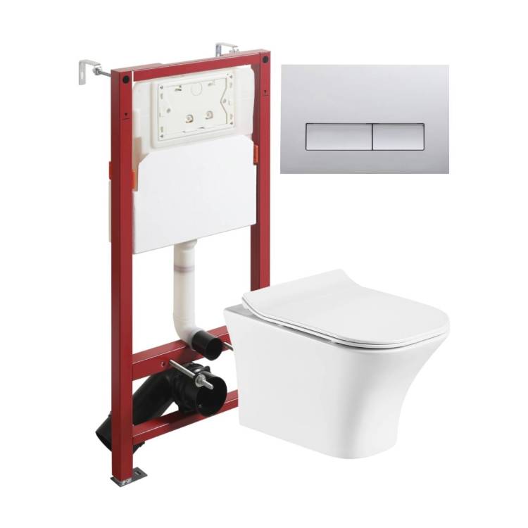 Унитаз с инсталляцией Orange CI02-100W+APB200 безободковый, с крышкой-сиденьем микролифт, с кнопкой, кнопка хром