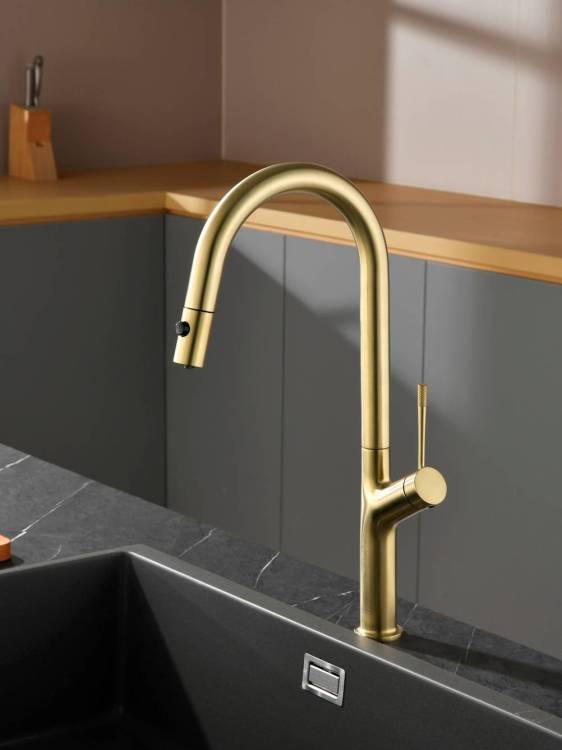 Смеситель для кухни AQUAme Cucina AQM9905BG с выдвижным изливом, золото шлифованное