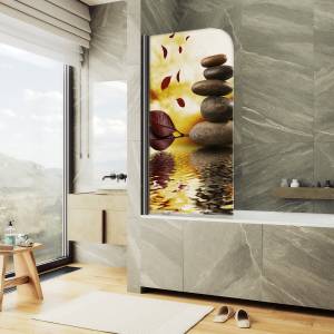 Шторка на ванну MaybahGlass MGV-929-ФП008-6 70x140, поворотная, стекло с рисунком 6 мм, профиль черный