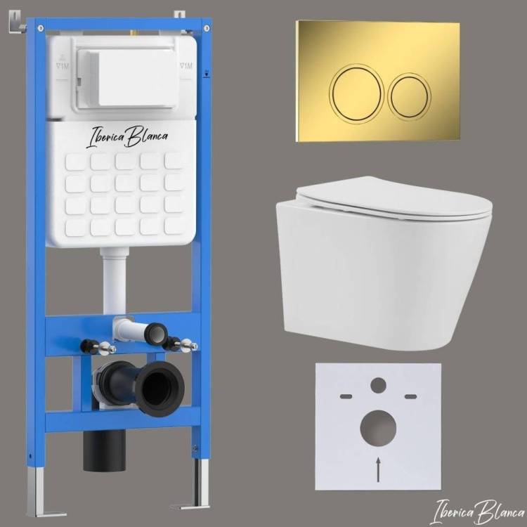 Унитаз с инсталляцией Iberica Blanca Burgos Alto IB001.BRA.234.826 безободковый, с крышкой-сиденьем микролифт, с кнопкой глянцевое золото