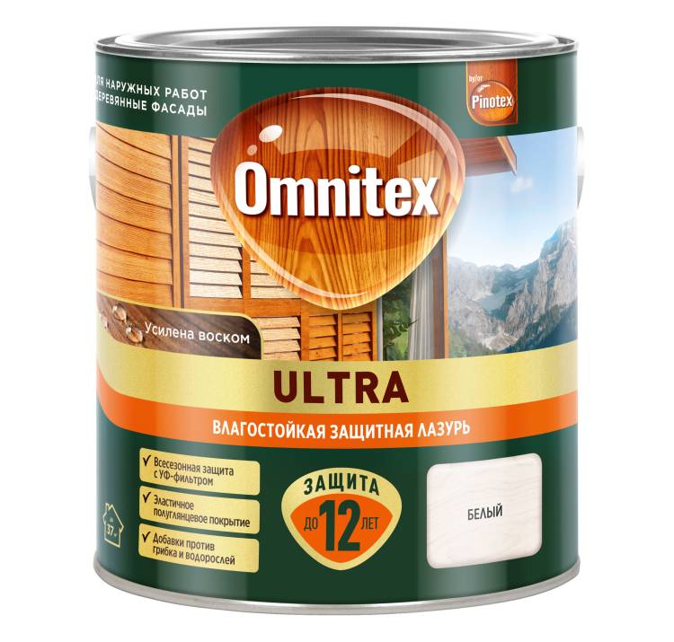 Пропитка декоративная для защиты древесины Omnitex Ultra AWB полуглянцевая белая 2.5 л