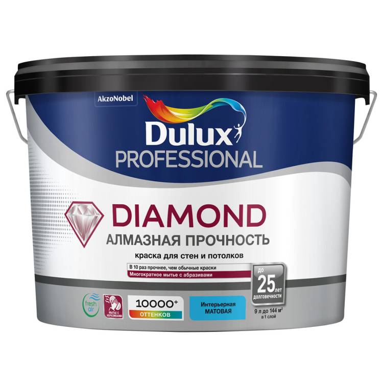 Краска для стен и потолков износостойкая Dulux Diamond Алмазная Прочность матовая база BW 9 л