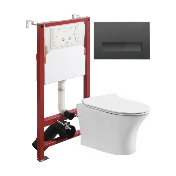 Унитаз с инсталляцией Orange CI01-100W+APB244 безободковый, с крышкой-сиденьем микролифт, с кнопкой, кнопка черная