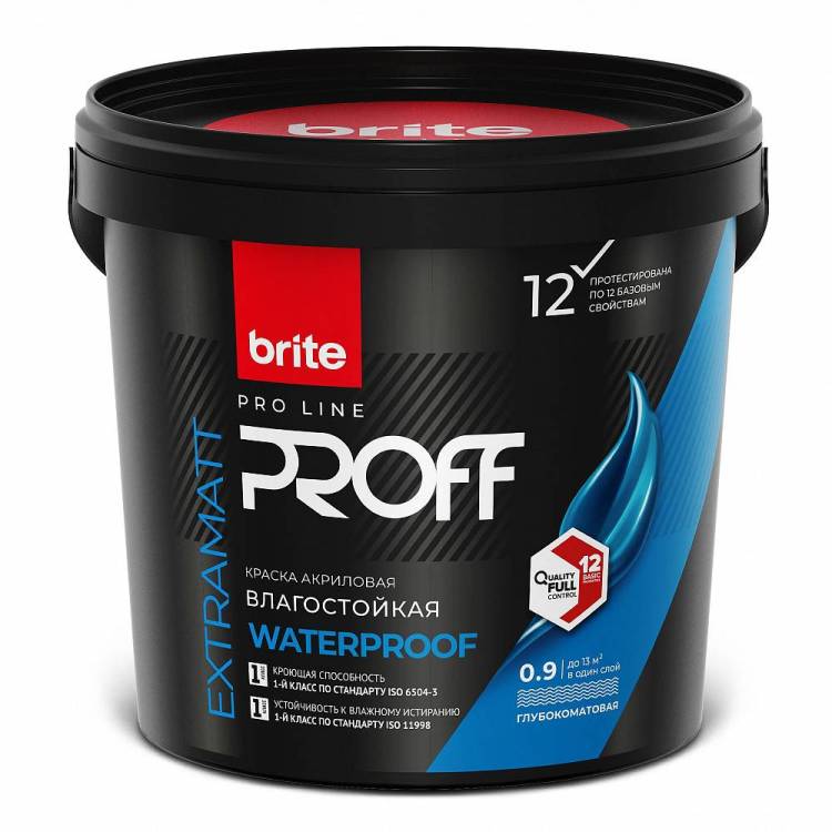 Краска интерьерная влагостойкая Brite Pro Line Proff Waterproof 7 глубокоматовая база А 0.9 л