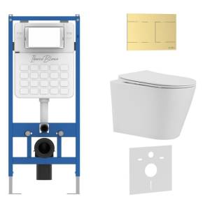 Унитаз с инсталляцией Iberica Blanca Burgos Alto IB001.BRA.234.1503 безободковый, с крышкой-сиденьем микролифт, с кнопкой матовое золото