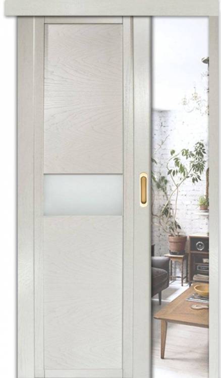 Раздвижная дверь шпонированная Milyana QDO H остеклённая ясень жемчуг 600x2000