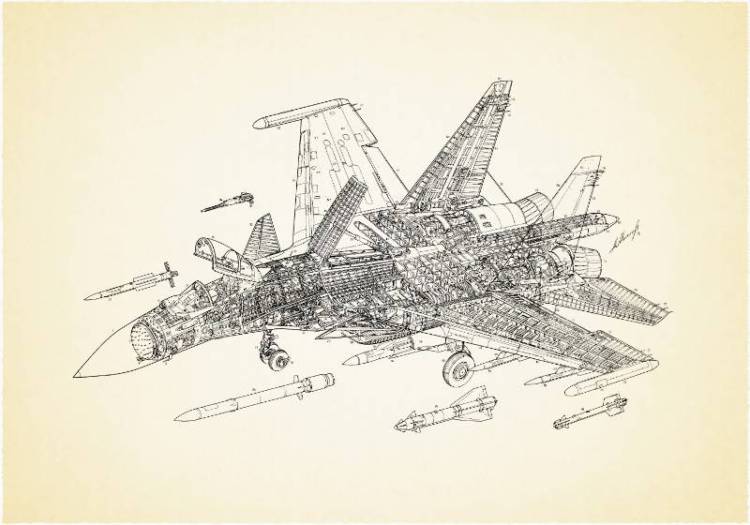 3D Фотообои Artegrafico «Истребитель чертеж на светлом» PD-046 акварель