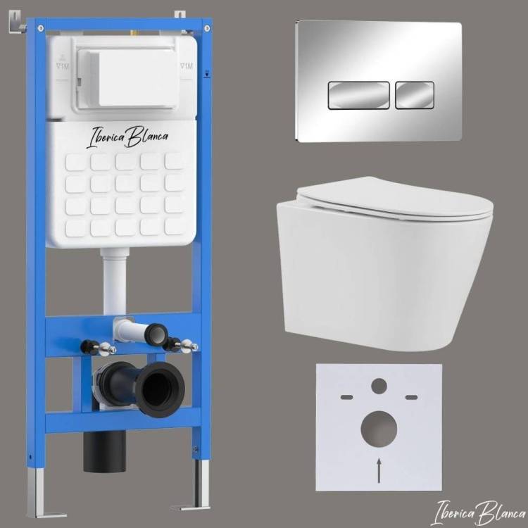 Унитаз с инсталляцией Iberica Blanca Burgos Alto IB001.BRA.231.213 безободковый, с крышкой-сиденьем микролифт, с кнопкой глянцевый хром
