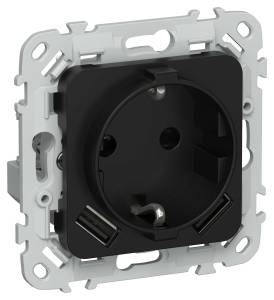 Розетка 1-местная с заземлением, шторками и USB Type A+A IEK Flite FI-R14-16-U21-D31-K02 черный