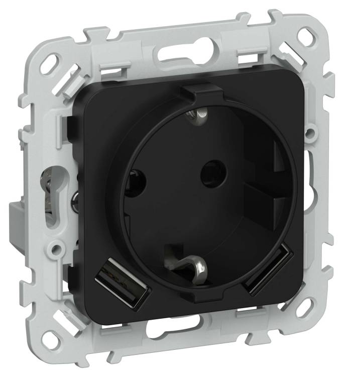 Розетка 1-местная с заземлением, шторками и USB Type A+A IEK Flite FI-R14-16-U21-D31-K02 черный