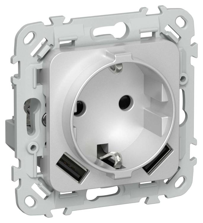 Розетка 1-местная с заземлением, шторками и USB Type A+A IEK Flite FI-R14-16-1-U21-D31-K47 алюминий