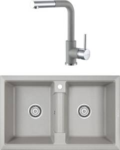 Комплект Paulmark PM238150-GR серая + Смеситель Paulmark Kassel Ka214311-310 для кухонной мойки, серый