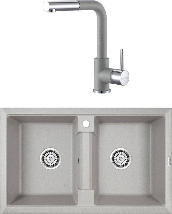 Комплект Paulmark PM238150-GR серая + Смеситель Paulmark Kassel Ka214311-310 для кухонной мойки, серый